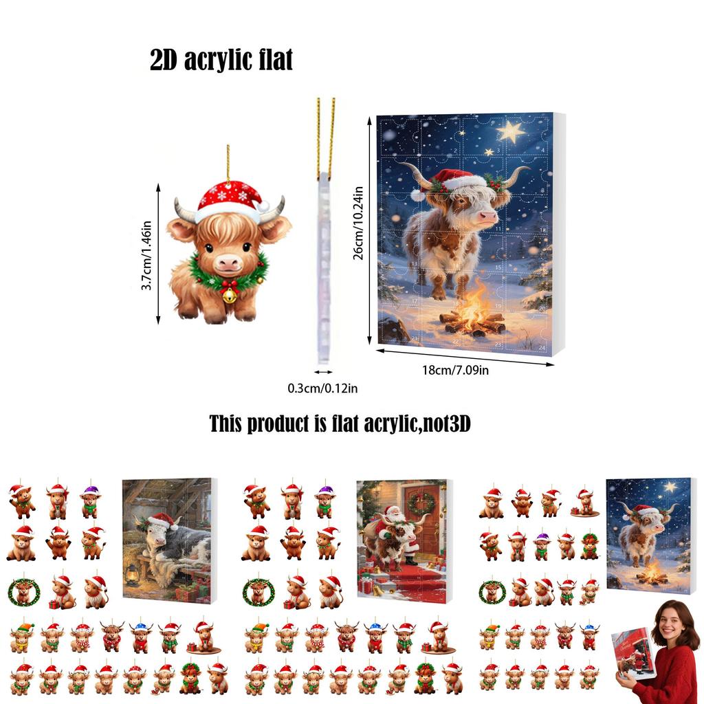 Christmas 24day Advent Calendar With Acrylic Cow Ornament For Holiday Gift Giving