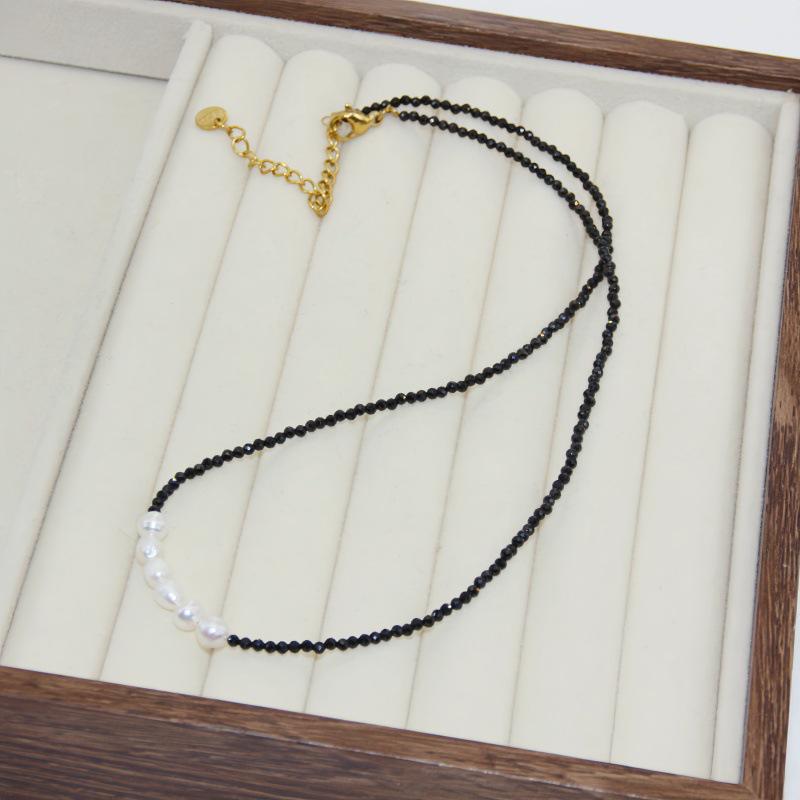 Korean Retro Black Crystal Freshwater Pearl Choker Necklace for Women