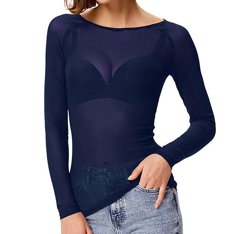 Damen Sexy Schwarzes Mesh Langarmshirt - Super Elastisch, Vollständig Transparente Basisschicht für Frühling & Herbst