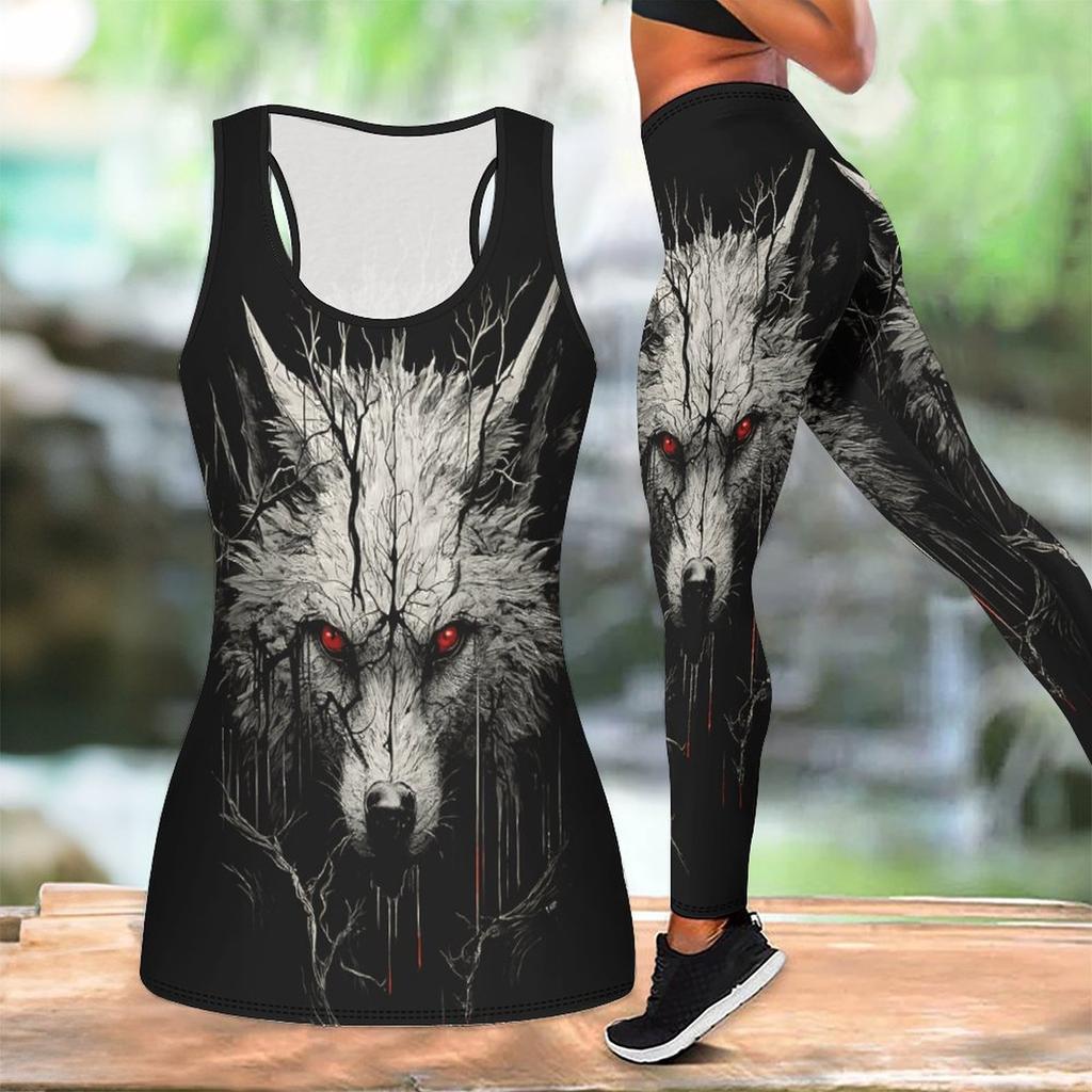 Fierce Wolves Pattern Print Yoga Outfit for Women Fashion Workout Leggings Fitness Sports Casual Yoga Set Sports Suit