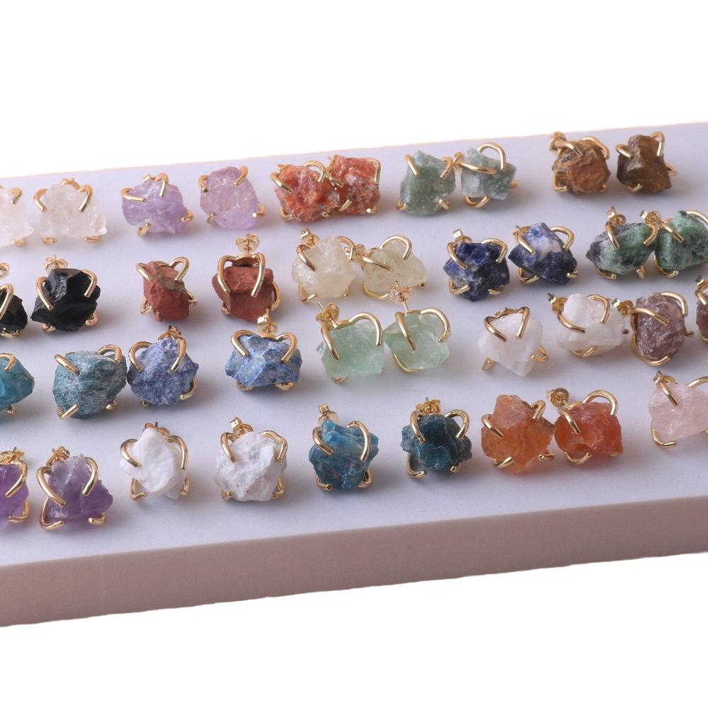 Natural Gemstone Earrings for Women - 18K Gold Plated Raw Amethyst and Rose Quartz Healing Crystal Stud Earrings