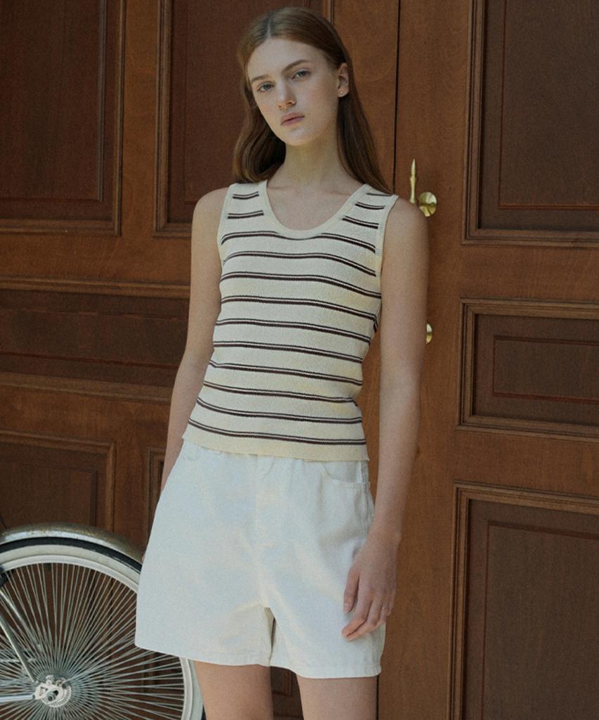 VLETI Stripe Basic Round Knit Sleeveless (Beige)
