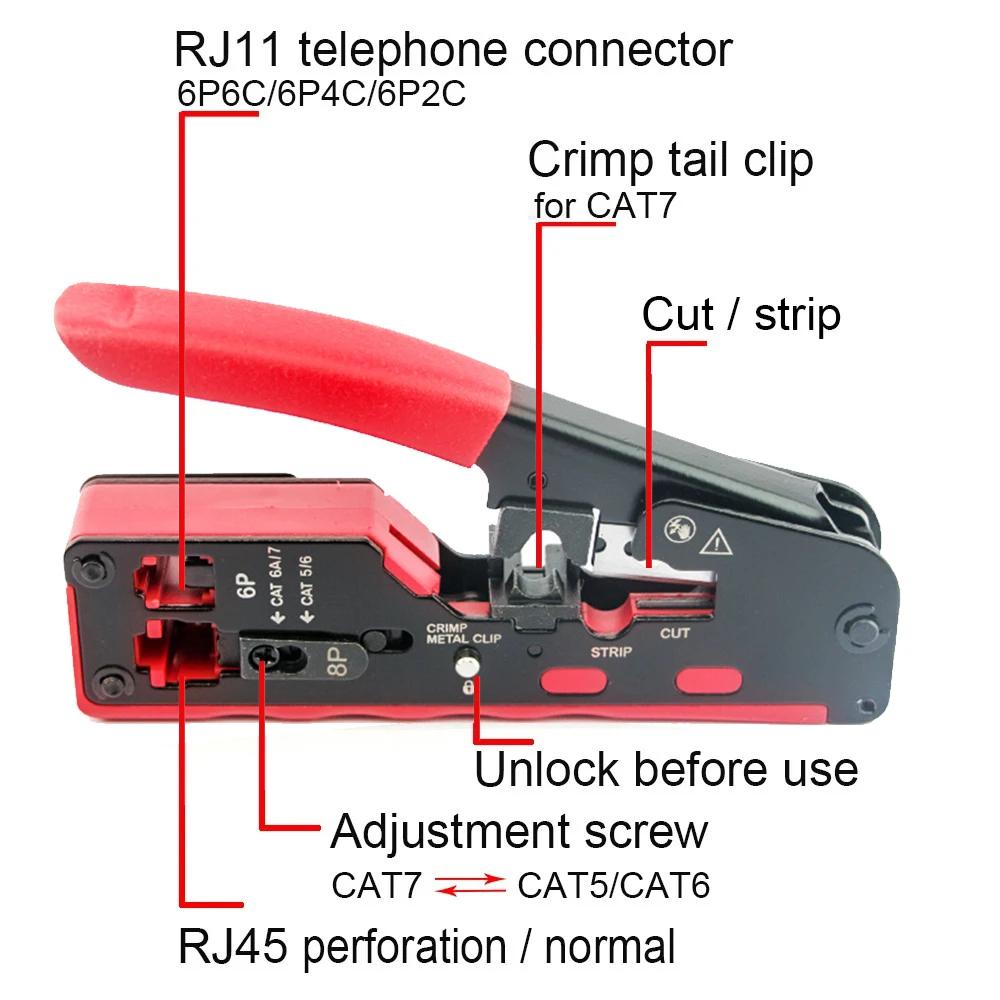 RJ45 Crimping Tool Pass CAT7 Through Ethernet for Cat6 Cat5 Cat5e Network Connector Wire Cutter Wire Stripper Ethernet Crimper