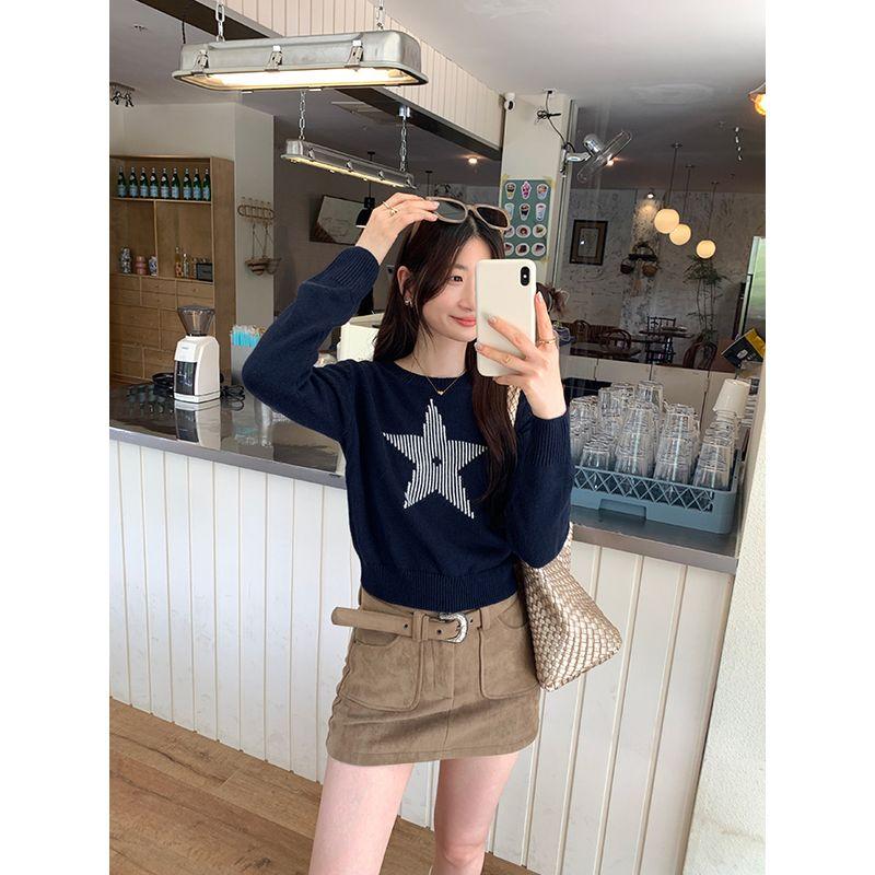 Kumikumi Sweet Style XINGX Print Round Neck Temperament Long Sleeve Knitwear Women's Clothing Autumn Loose All-Matching Top