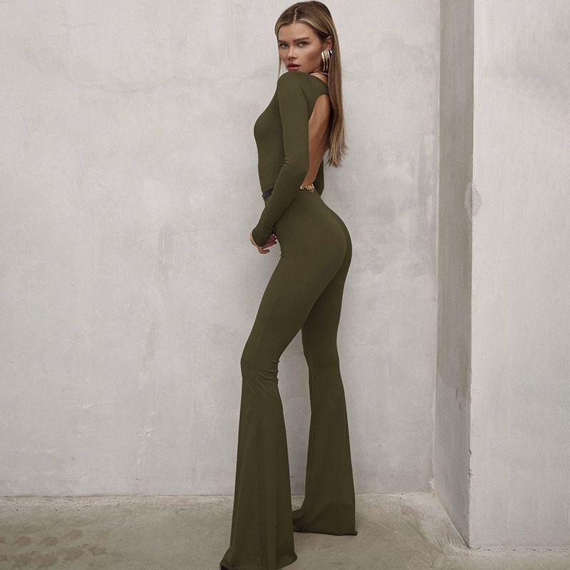 Temperament Solid Long sleeve Slim fit Sexy Backless Micro-Pull Jumpsuit Long Sleeved Sexy Jumpsuit