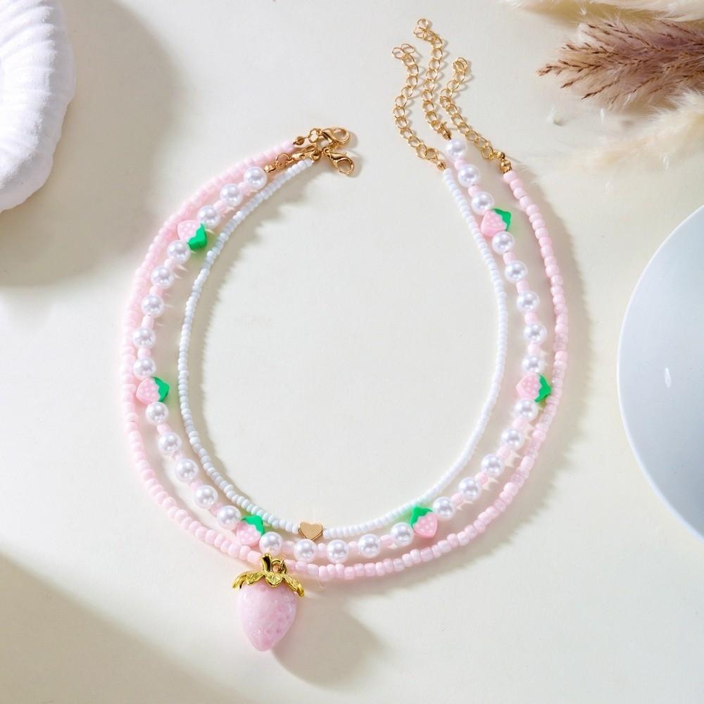 Red Fruit Pearl Beaded Necklace Multi-layer Strawberry Necklace Trendy Cherry Beads Necklace Women
