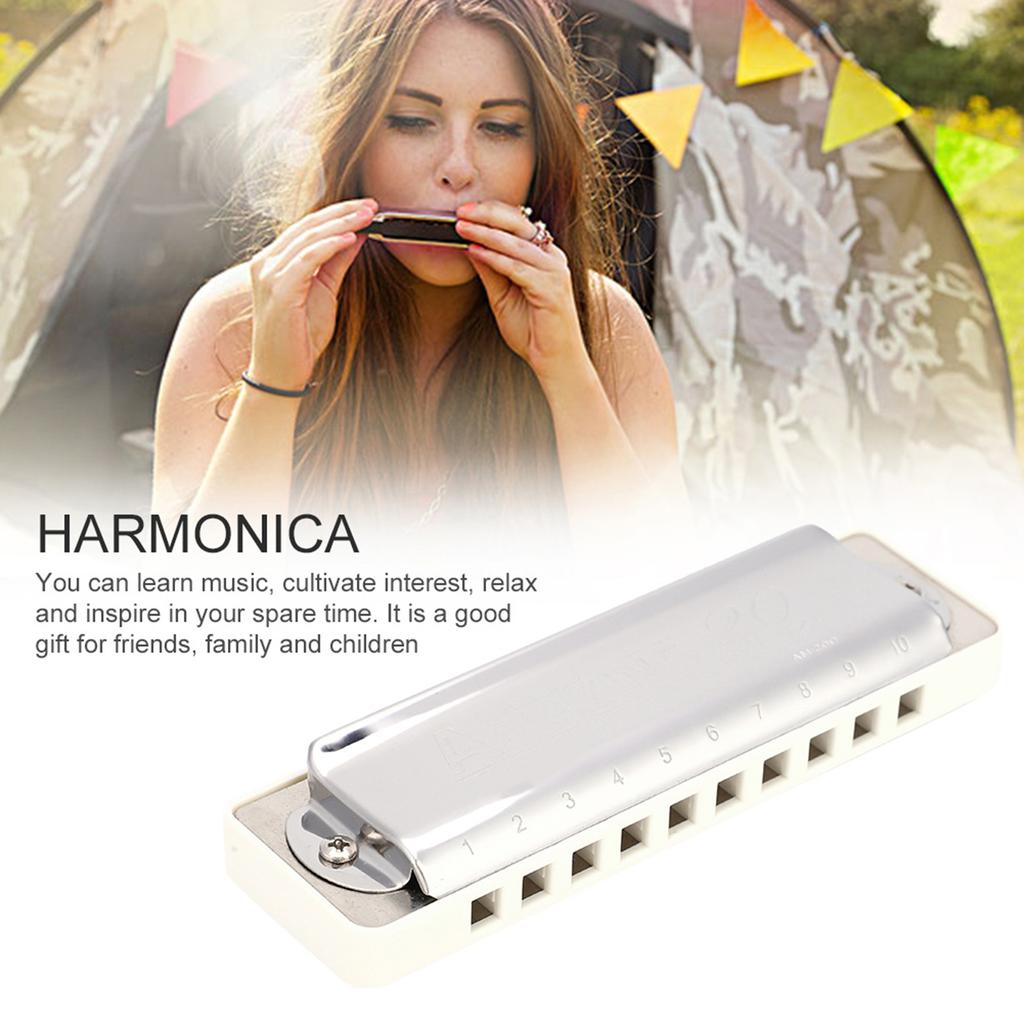 KONGSHENG AM 20D Phosphor Bronze Reed 10 Hole 20 Tone Blues Harmonica In the Key of D(White)