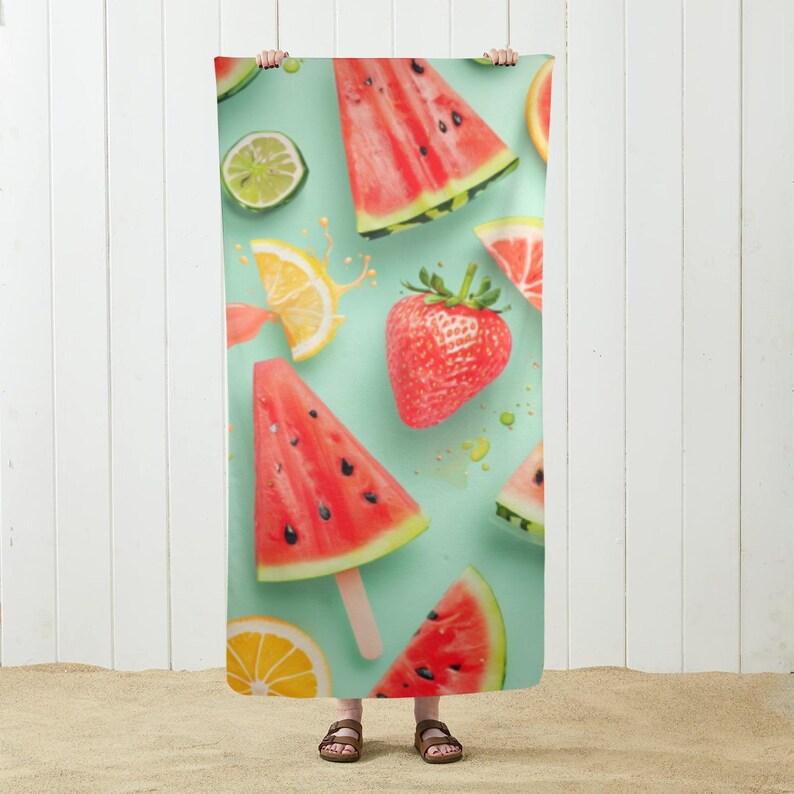 Summer Fruit & Popsicle Beach Towel, Super Absorbent Quick Dry Microfiber Bath Towel, Watermelon Ice Pop Print Towels Bathroom