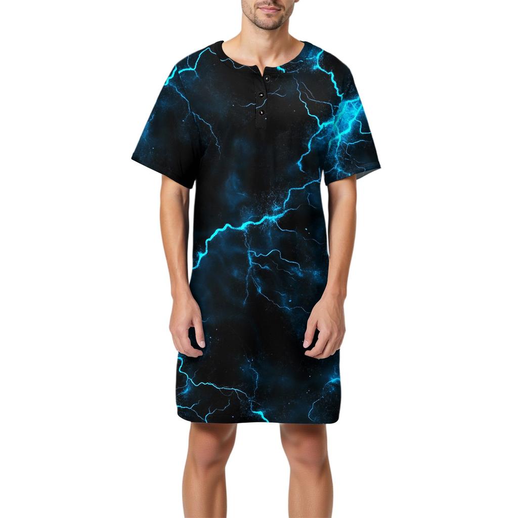 Pyjama d'été pour homme en coton imprimé à manches courtes, col boutonné, long et ample, vêtements d'intérieur