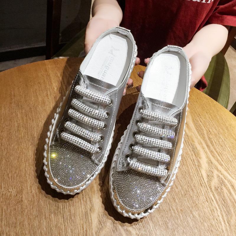 

2025 большой размер без каблука и одной педали женские ленивые толстые подошвы воздушная подушка сетчатая дышащая сумка голова половина перетаскивания женские туфли 40 серебряный