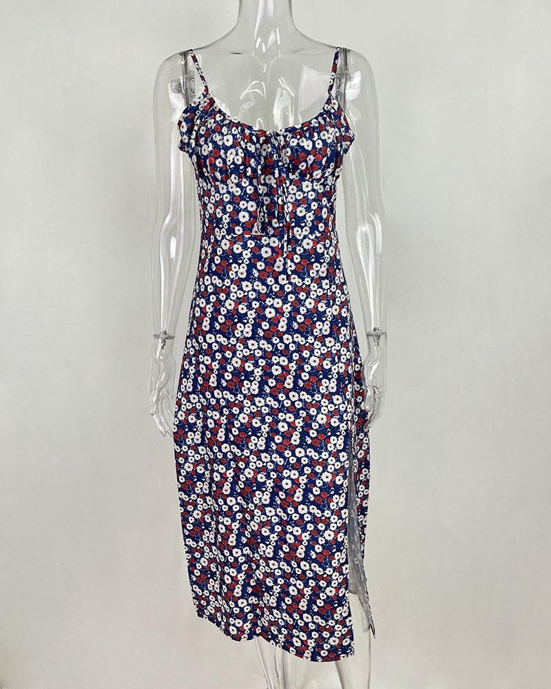 European & American Summer Floral Print Ruched Tie-Up Slit Camisole Dress