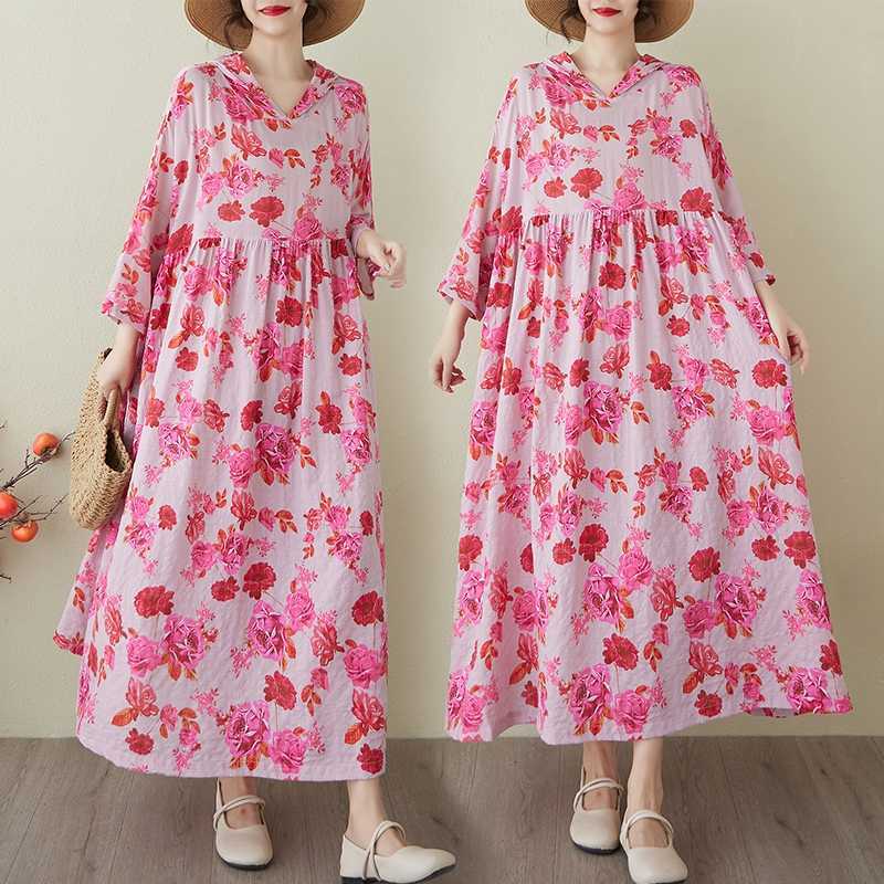 Ladies' Gentle Wind and Cloud Brocade Cotton and Hemp Hooded Printed Dress