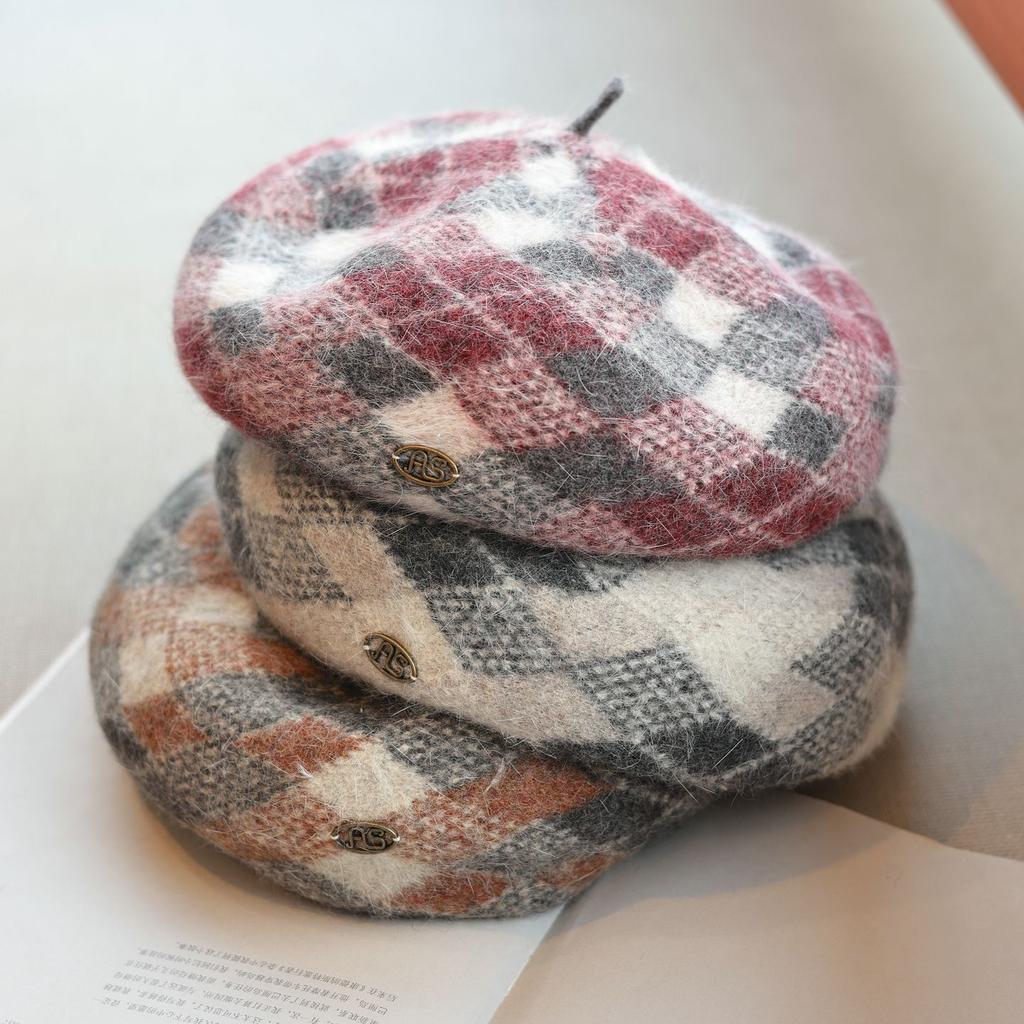 Vintage Woolen Beret Hat Winter Hats For Women Plaid Vintage Bonnet Painter Cap Female Fashion Accessories New