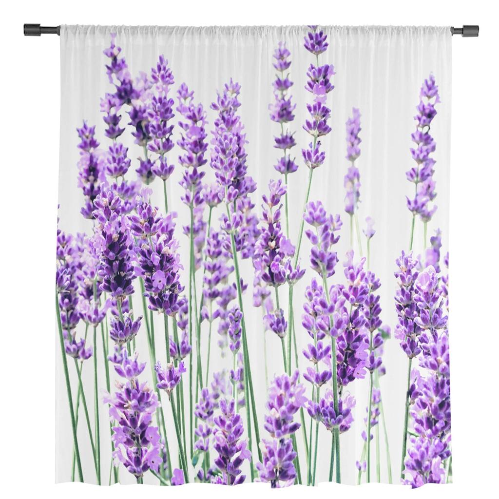 Lavender Plant Flowers Sheer Curtains for Bedroom Living Room Voile Window Drapes Light Filtering Tulle