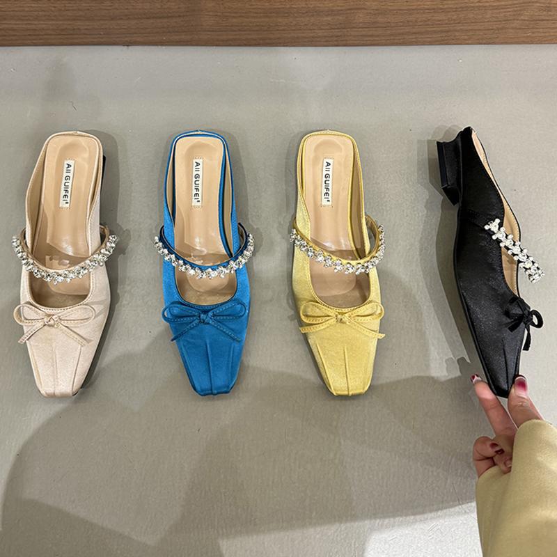 Fashion Women's Slip-on Flats with Bow Decoration Female Mules Low Heel Party Pumps Dress Chunky Heels Ladies Shoes Zapatos De Mujer