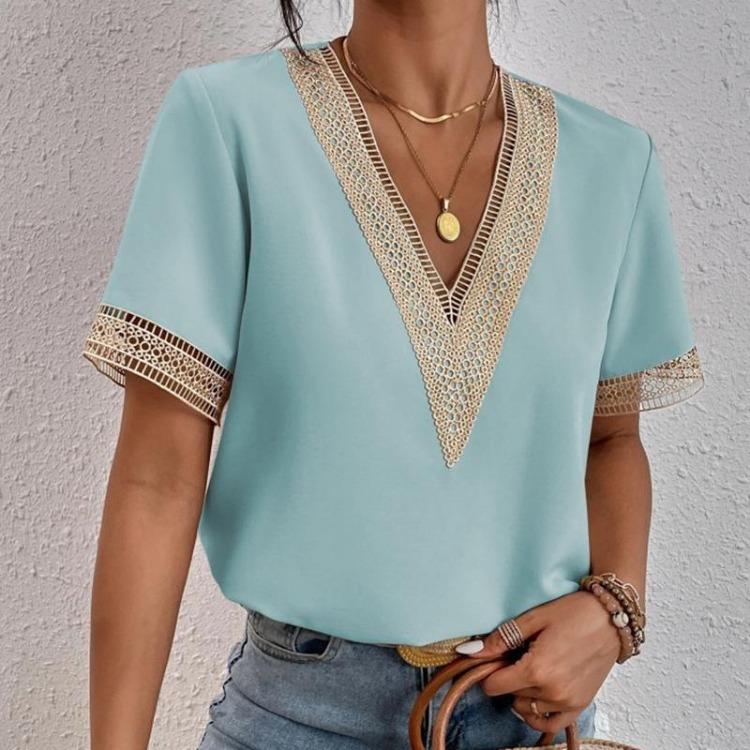 Women Loose Top Blouse Short Sleeve V Neck Lacework Shirt 8 Colors