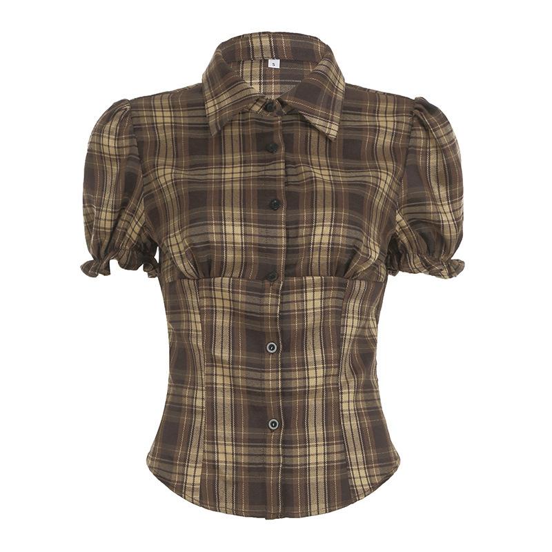 

European and American college style retro plaid contrasting bubble sleeves slim slim lapel breasted short-sleeved shirt T-shirt S коричневый