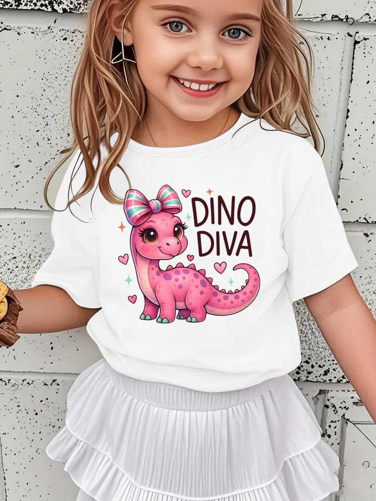Girls' Kawaii Cartoon Dinosaur Graphic T-Shirt Cute Pink Bow Hearts Print T-Shirt Kids Short Sleeve Tee Y2k Children's Clothing