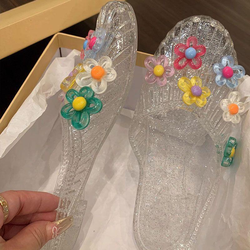 Jelly shoes women's fashion outer wear sandals light luxury bag head flat bottom cool slippers transparent shoes flower accessories beach shoes