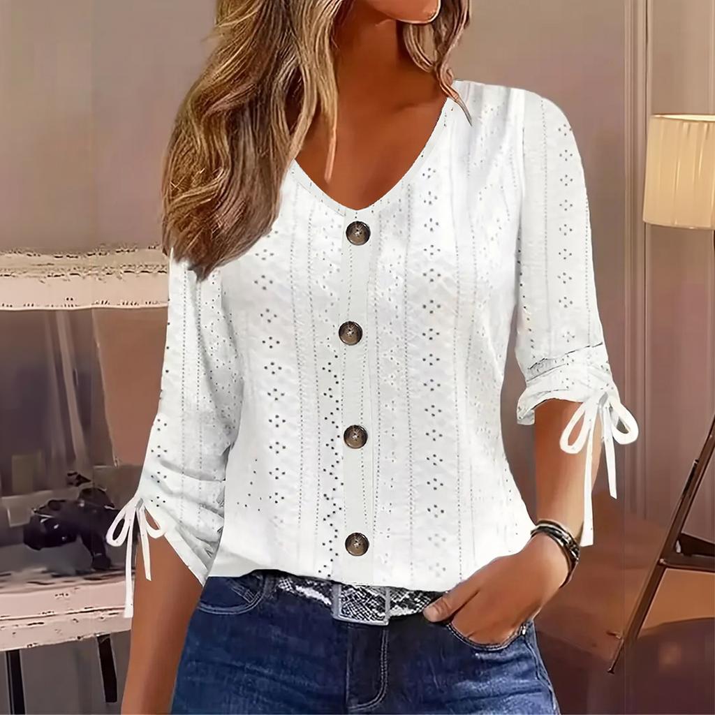 Damen V-Ausschnitt Knopfleiste Strickoberteil Mittellange Ärmel Strukturmuster Dehnbarer Sitz Leichtes Pullover-Shirt für Freizeitkleidung