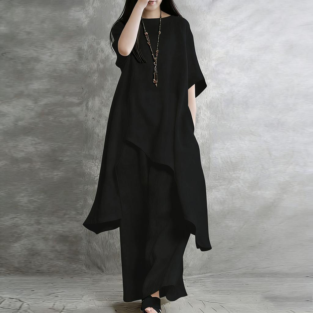 Women's Fashionable Loose-Fit Short-Sleeve Top + High-Waisted Wide-Leg Pants Casual Two-Piece Set