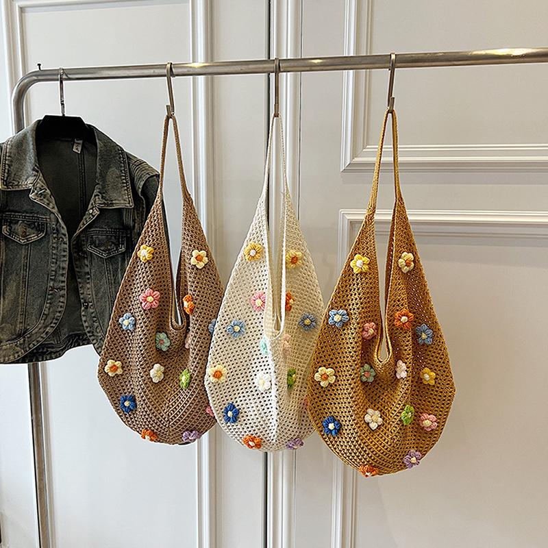 Women Flower Knitted Shoulder Bag  Handbag Lightweight Crochet Tote Bag Casual Top Handle Bag Outdoor Travel Bag