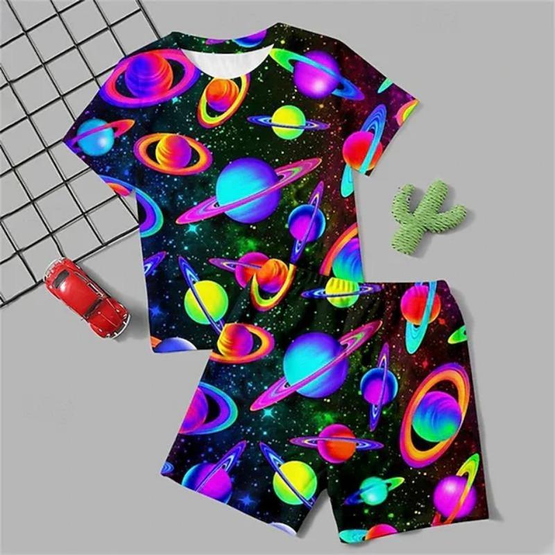 

Футболка с 3D-принтом «Галактика» для мальчиков, пижамный комплект с короткими рукавами и принтом, летняя активная мода, повседневная одежда из полиэстера, детская с круглым вырезом, домашняя, повседневная, в помещении 130