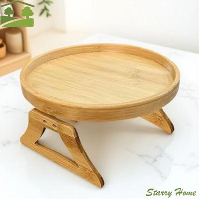 Spezifische Aufbewahrung Natürliches Holz Sofa Tablett Faltbares Bambus-Holz Farbe Armlehnen-Tablett Rundes Tragbares Snack-Tablett Breite Sofas