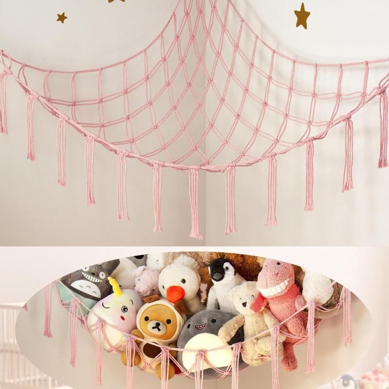 Boho Tassel Toy Hammock Wall Corner Hanging Storage Net Durable Cotton Woven Organizer for Kids Room Nursery Home Decor