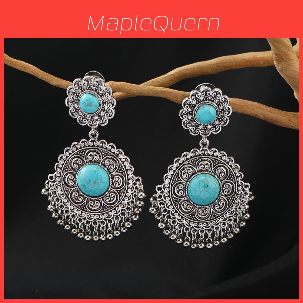 Vintage Silver Alloy Dangle Earrings With Turquoise Beads For Women Summer
