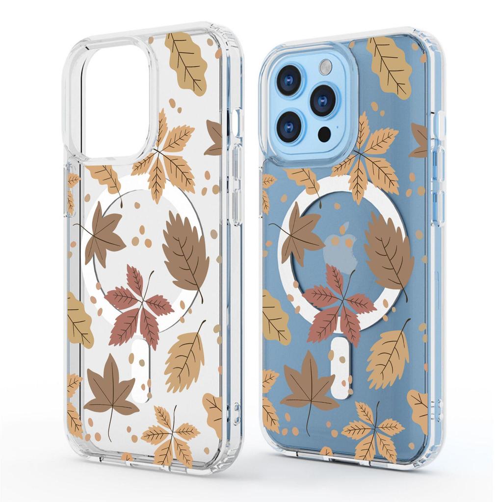 Gradient Maple Leaf Magnetic Transparent Full Coverage Case for iPhone 15/16/17 Pro Max