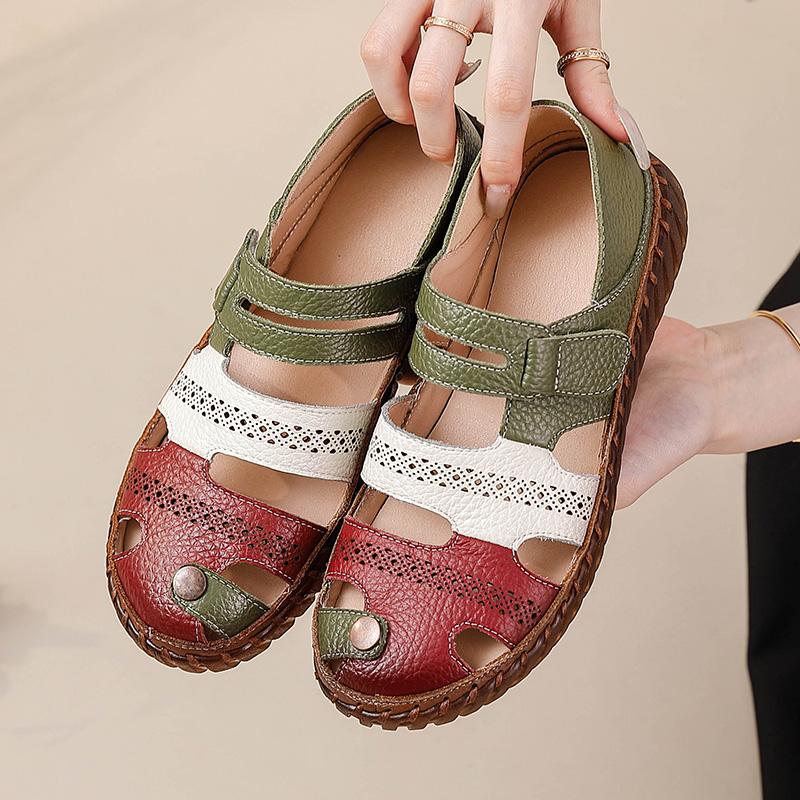 New cutout real leather sandals women's summer shoes size 43 ladies comfy closed toe strappy sandal woman flats barefoot shoes