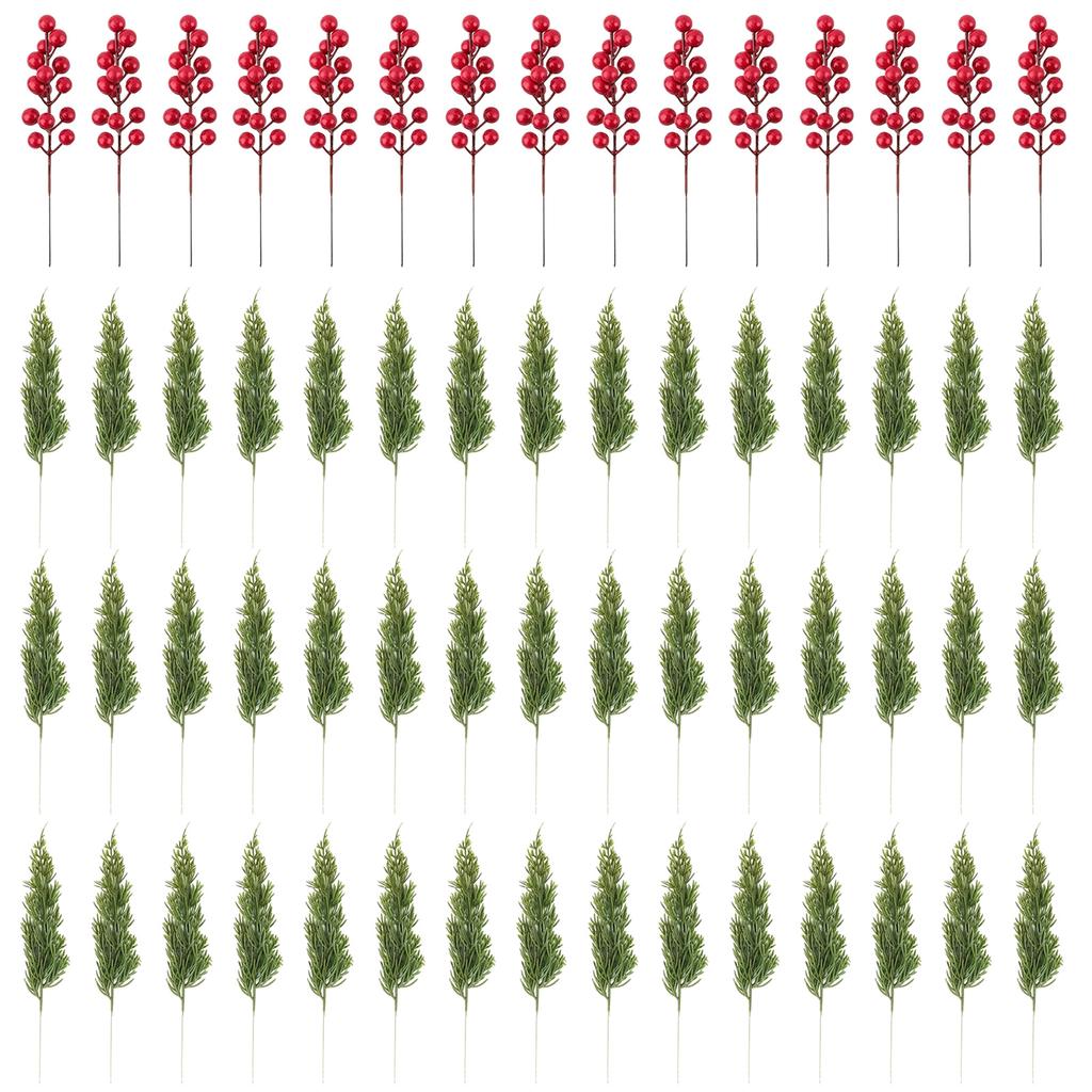 Christmas Artificial Branches With Red Berry Stems,10.5in Faux Norfolk Leaves Stems, Fake Foliage Needles Picks For DIY Craft Garland Home Decor