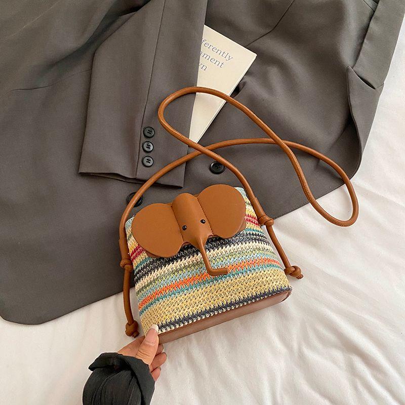 

Contrast Color Stripe Straw Woven Small Bag Women 2025 New Cute Fashion Elephant Bucket Bag Summer All-Match Messenger Bag Color