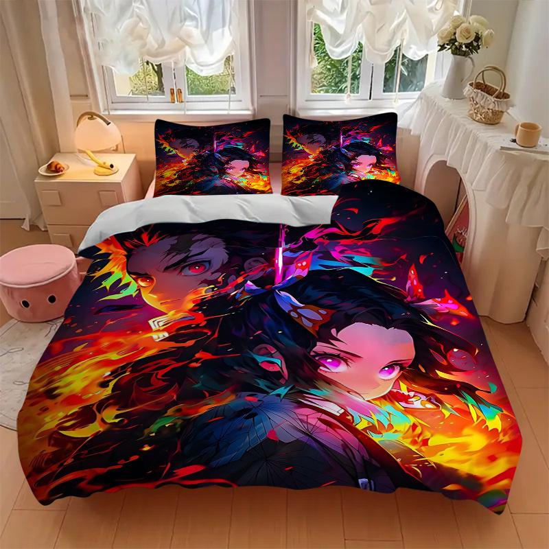 3pcs Flaming Anime Characters Printed Quilt Set - Includes 1 Quilt Cover and 2 Pillowcases, Machine Washable - Suitable for All Seasons.C037