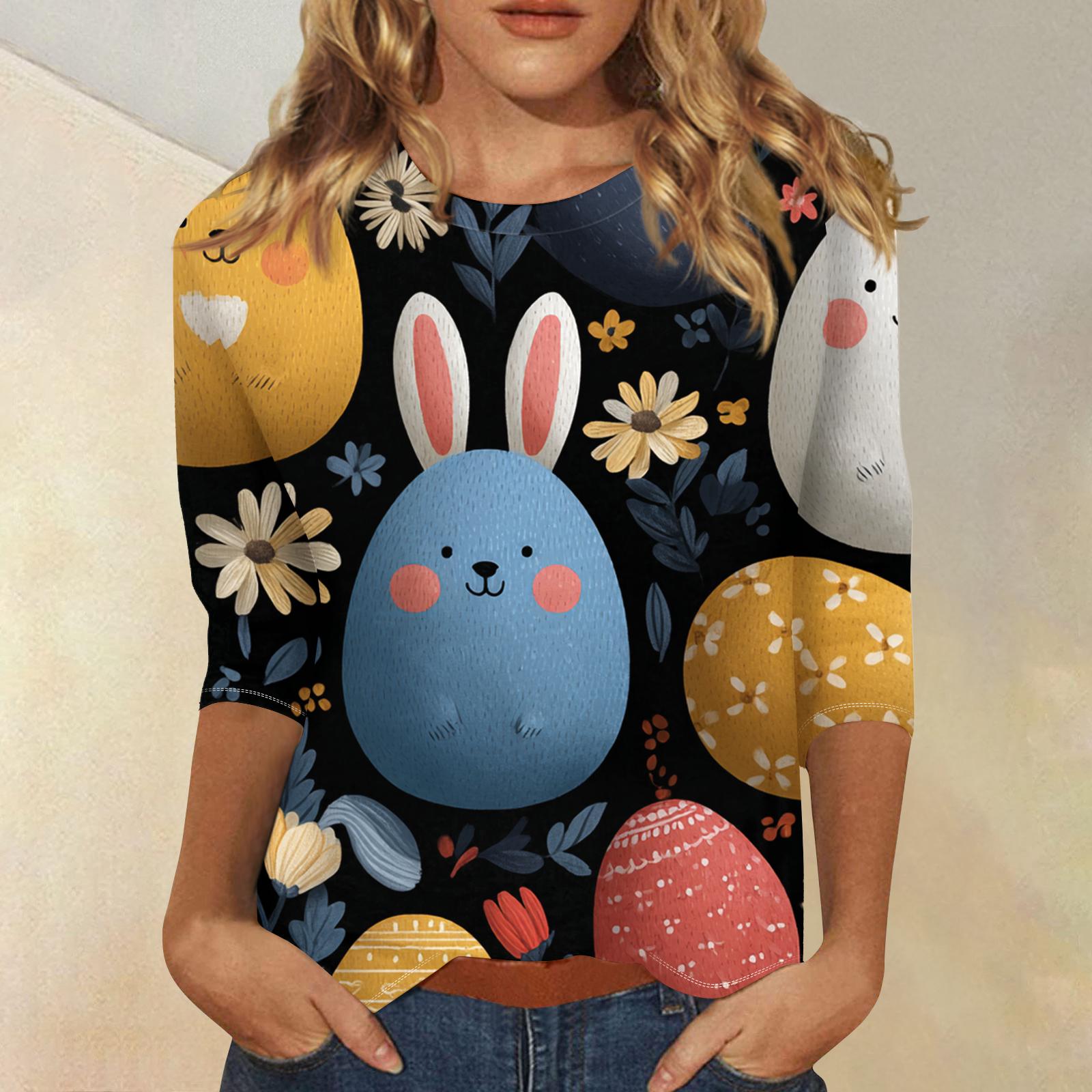 

Women s Fashionable Casual Three-quarter Sleeve Easter Print Round Neck Pullover Top L синій