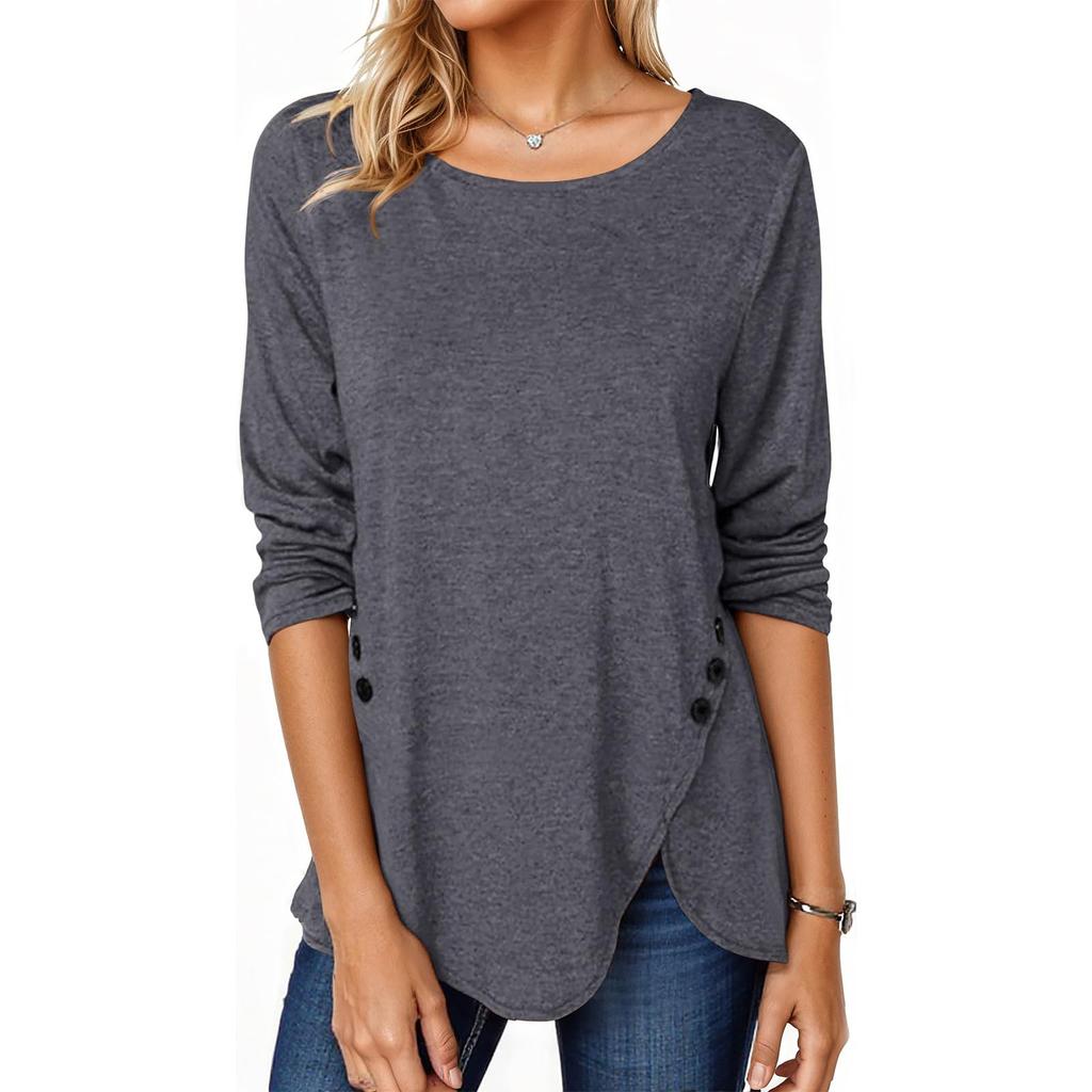 Women's T-shirt, Color, Round Neck, Long Sleeve, Irregular Button, Hem Top
