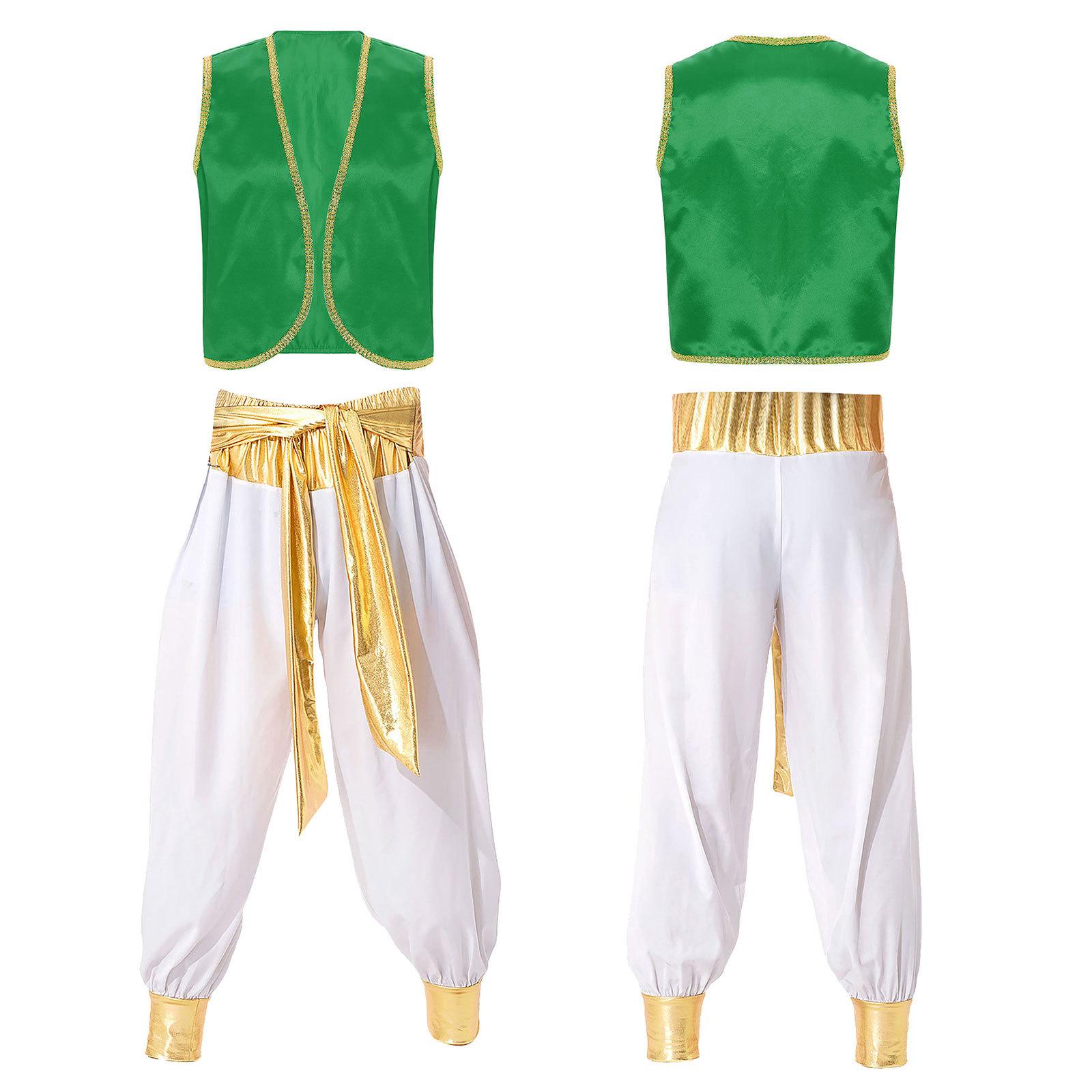

Mens Arabian Prince Costume Sleeveless Braided Vest Open Front Elastic Waist Patchwork Pants Carnival Outfit 3XL зелений/білий
