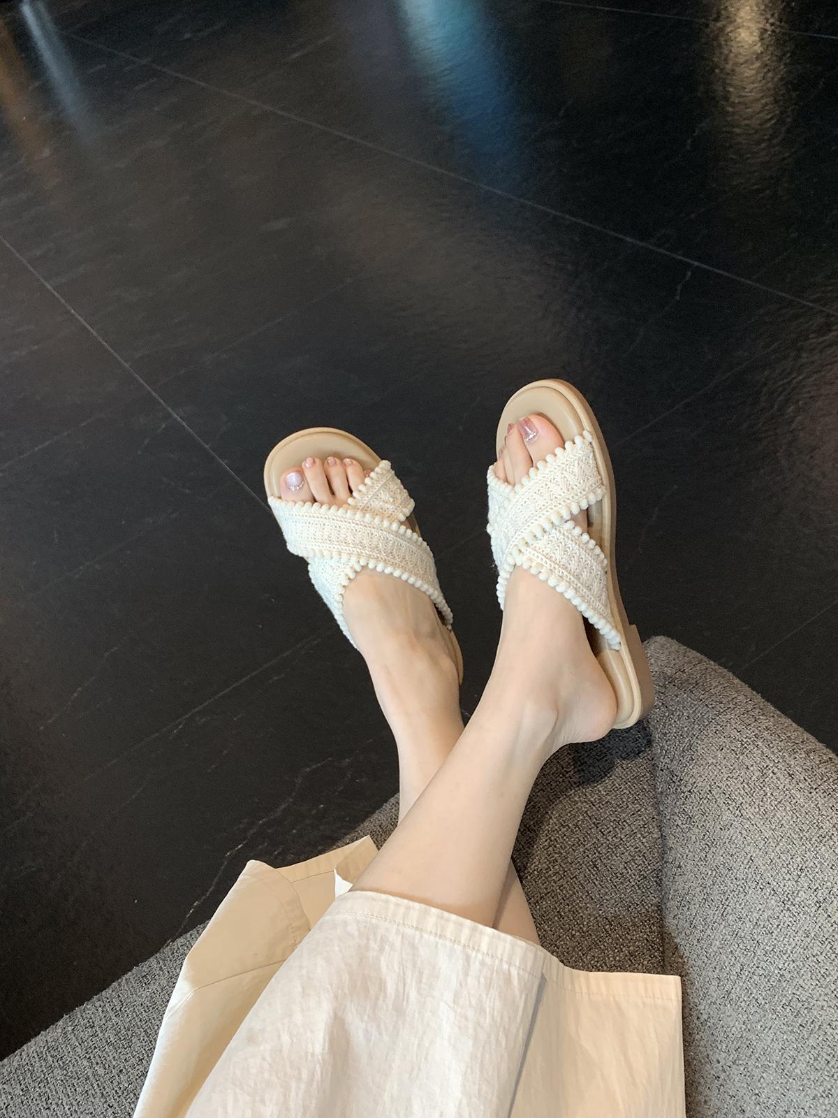 

Blue Cabinet Version~ New Flat-bottomed Holiday Wind Cross-woven Open-toed Premium Cool Slippers Women s Summer Outer Wear 35