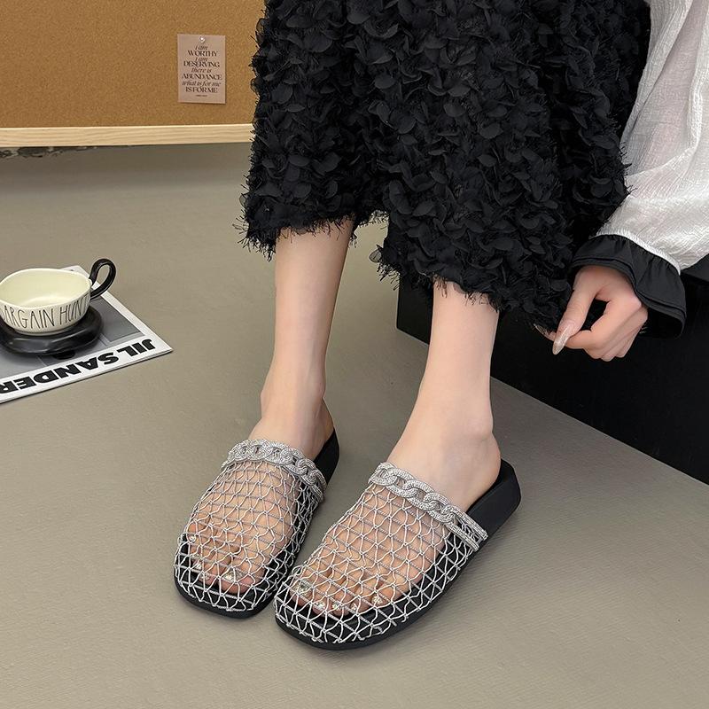 

Баотоу сетчатые полубосоножки женские летние новые модные темпераментные кружевные со стразами пляжные прохладные шлепанцы 35 серебряный