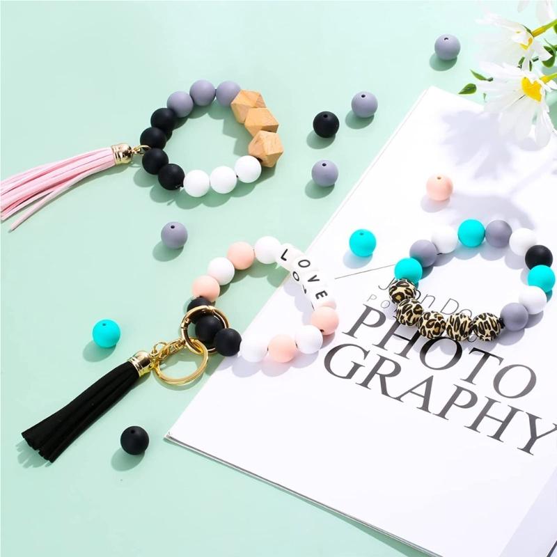 84PCS Silicone Beads Making Kits Keychain Accessories Bead with Elastic Rope Beaded Tassels Bead DIY Keychains Materials