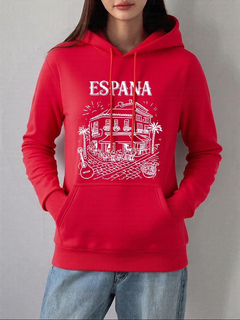 Spanien Lokale Straßenszene Drucke Kapuzenpullover Damen Lässig Locker Sweatshirt Winter Fleece Warm Pullover Basics Tasche Damenkleidung