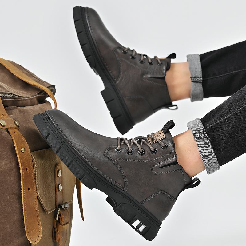 Versatile Outdoor High-end High Quality Leather Ankle Boots Men Lace Up Thick Soled Boots High Quality Waterproof New Men Boots