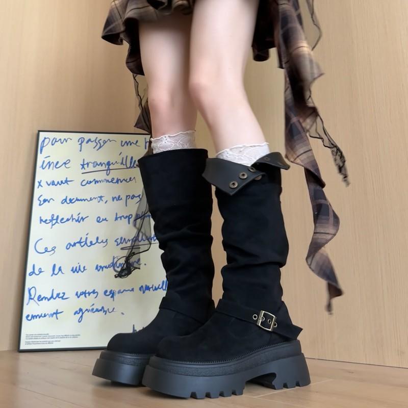 

Black retro versatile thick-soled thick-heeled boots children s boots 2025 new autumn thin and heightened knight boots 35 чёрный