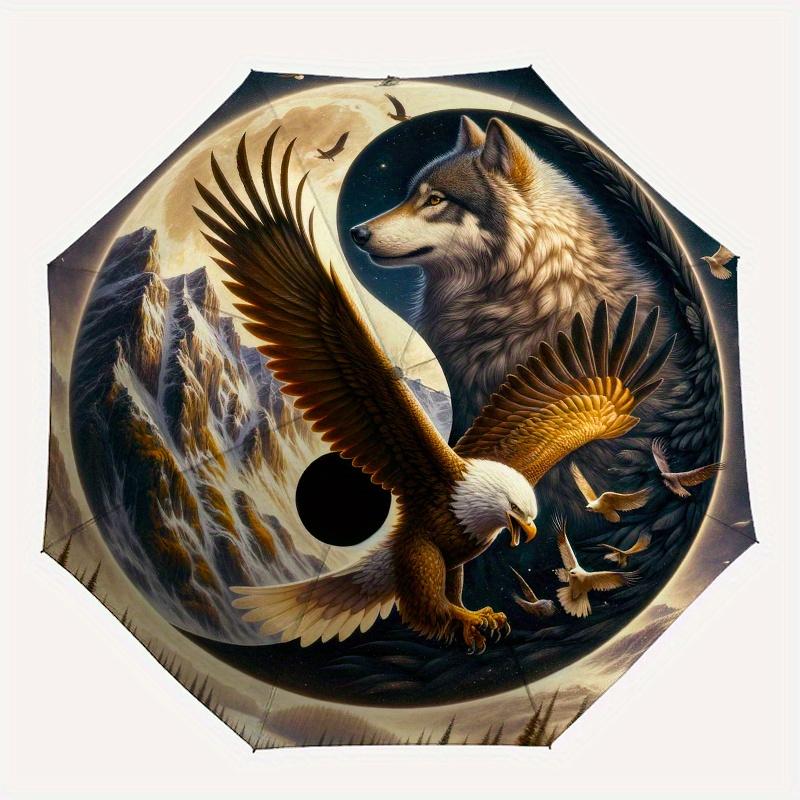Wolf and Eagle Yin Yang Symbol Circular Art Print Poster Umbrella, Cute Umbrella with Cute Design, Portable 3-Fold Compact Umbrella for Men & Women, V