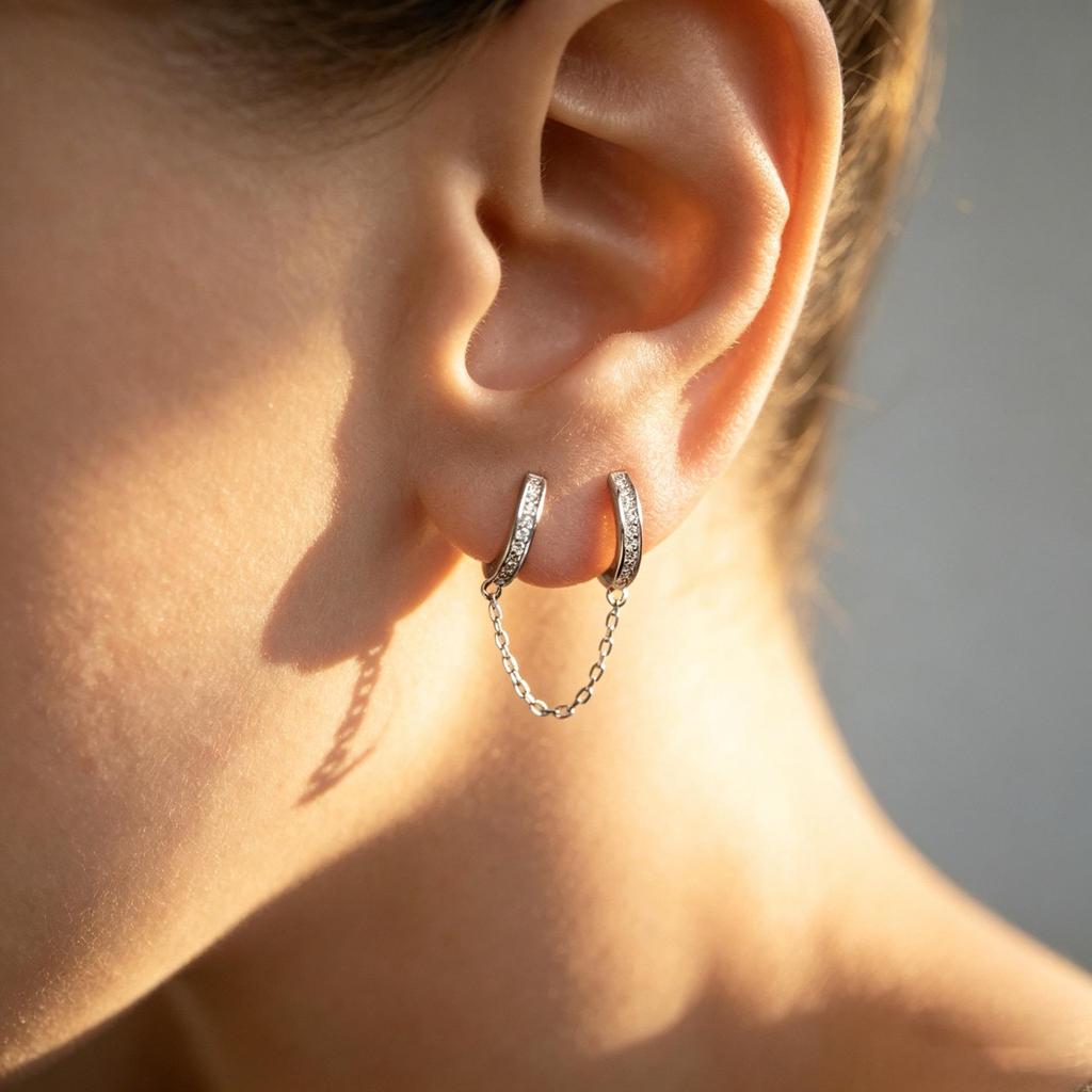 European & American S925 Sterling Silver Zircon Row Diamond Double Ring Tassel Hoop Earrings
