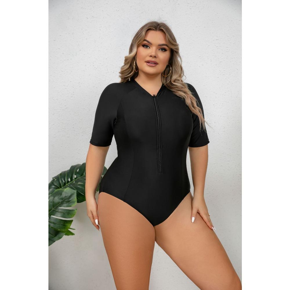 Large Size One-piece Zipper Sports Short-sleeved Surfing Swimsuit European and American Snorkeling Suit