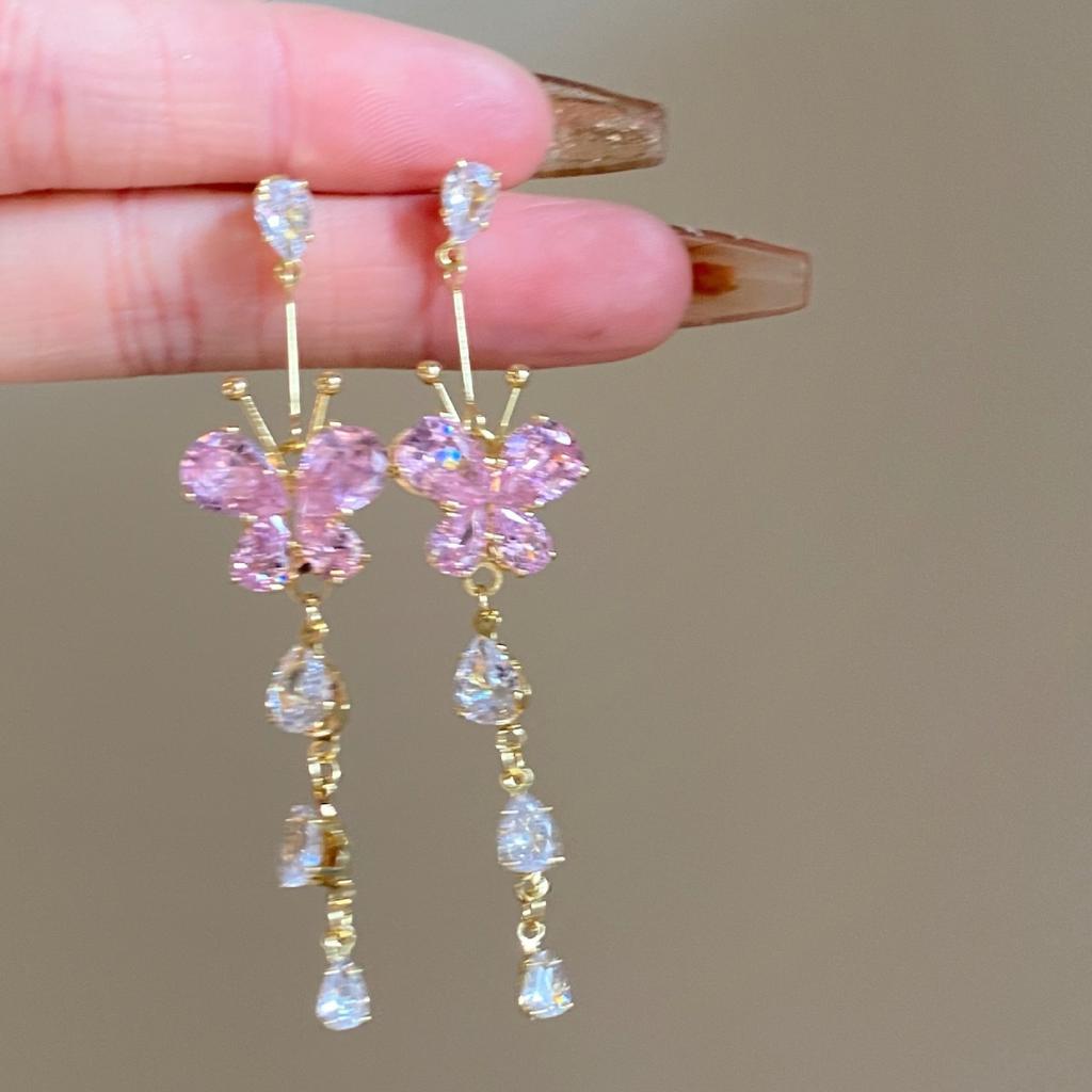Modische Romantische Glänzende Rosa Kristall Schmetterling Ohrringe für Damen Wassertropfen Zirkonia Lange Quastenohrringe Hochzeit Zirkonia