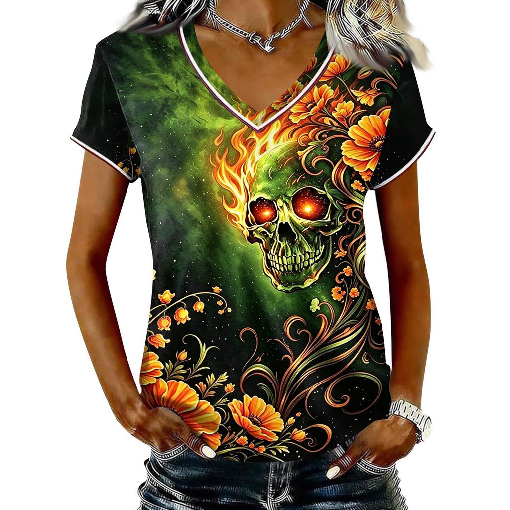 Dames Casual V-hals Korte Mouw T-shirt Halloween Print Pullover Top