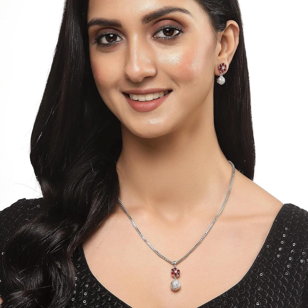 Rhodium-Plated Silver Toned Green Cubic Zirconia studded Floral Shaped Cute Pendant with Earrings Jewellery Set Women